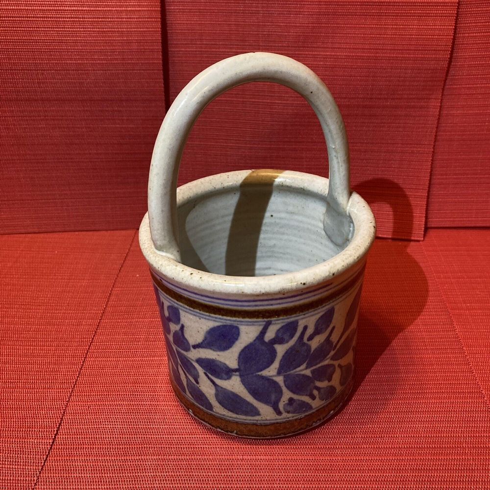 Handmade Stoneware Basket / Hand Painted Blue / Handle Pottery  /Signed Folk Art